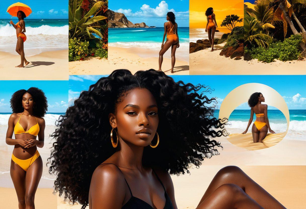 A striking collage featuring a beautiful Black woman on a vibrant beach, with soft waves and golden sand, seamlessly transitioning into a digital world with glowing screens showcasing diverse representations of Black beauty in adult content. The background blends natural beauty with pixelated visuals, highlighting the intersection of nature and technology. Bold colors and dynamic elements create an engaging visual narrative. super-realistic. vibrant colors. 3D.