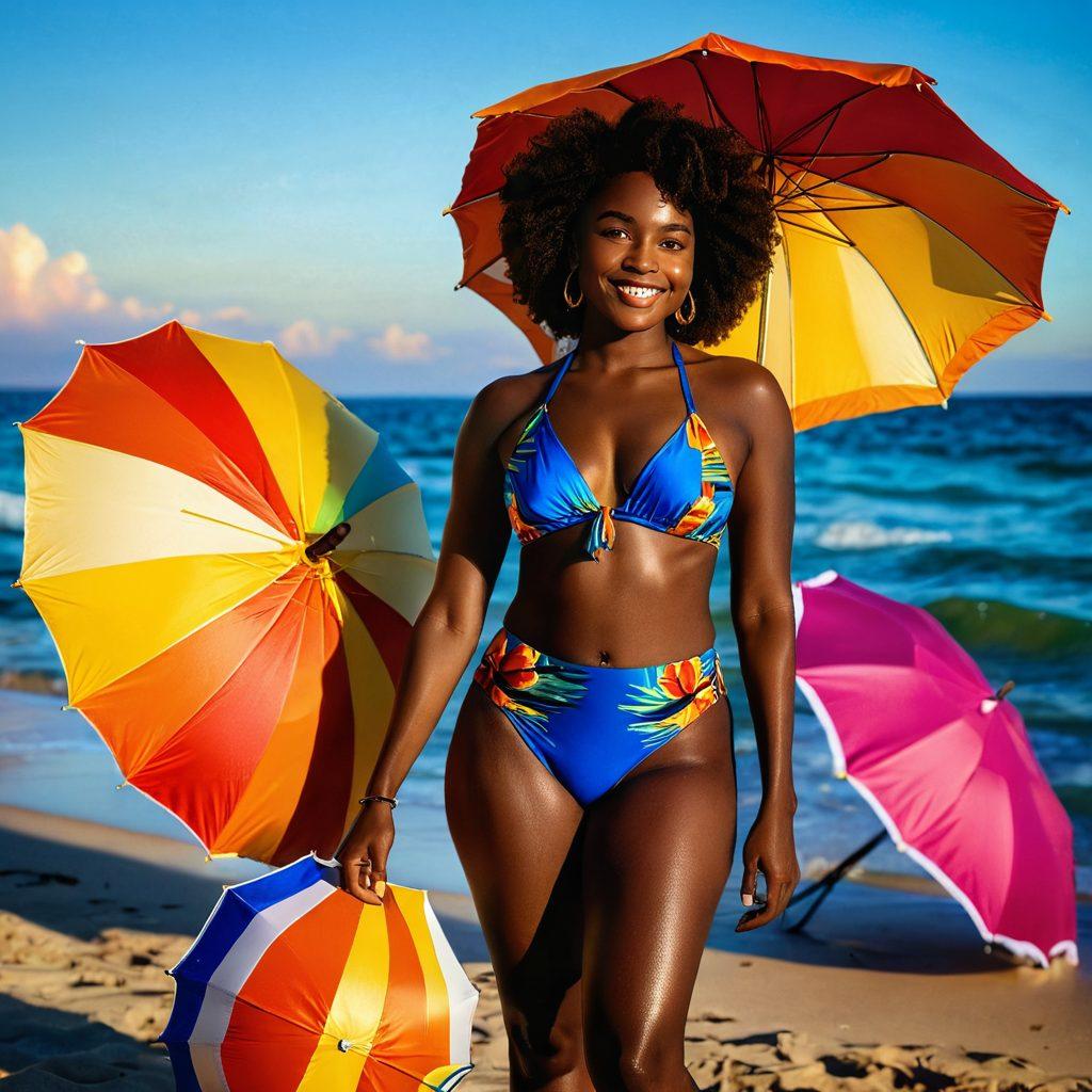 A confident dark-skinned woman with a radiant smile, showcasing vibrant swimwear by the beach, surrounded by colorful beach accessories and sun umbrellas. The ocean waves gently lap at her feet, while the sun sets in the background, casting a warm glow. Emphasize diversity in swimwear styles and body positivity. super-realistic. vibrant colors. tropical setting.